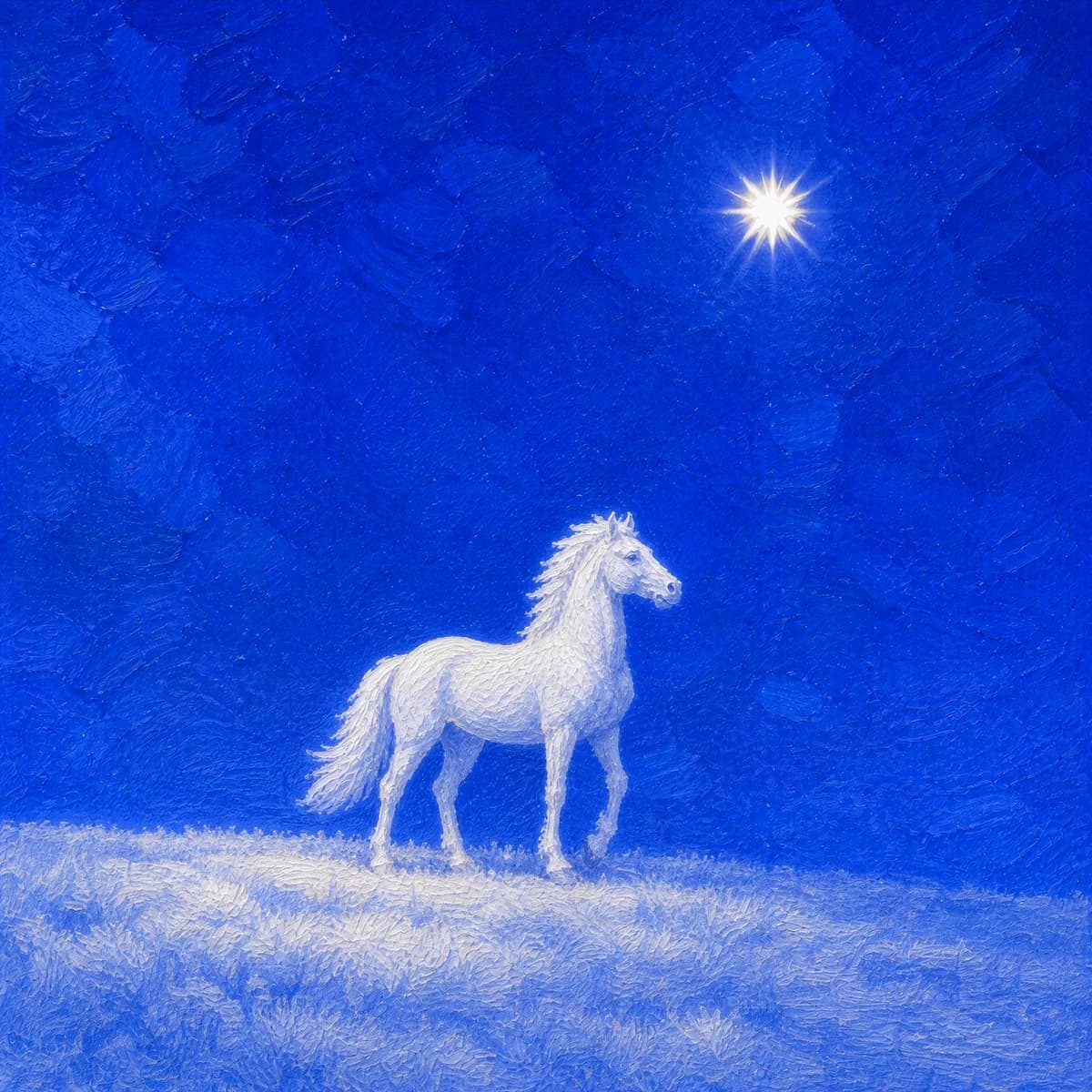A white horse beneath a bright star in a painted blue sky