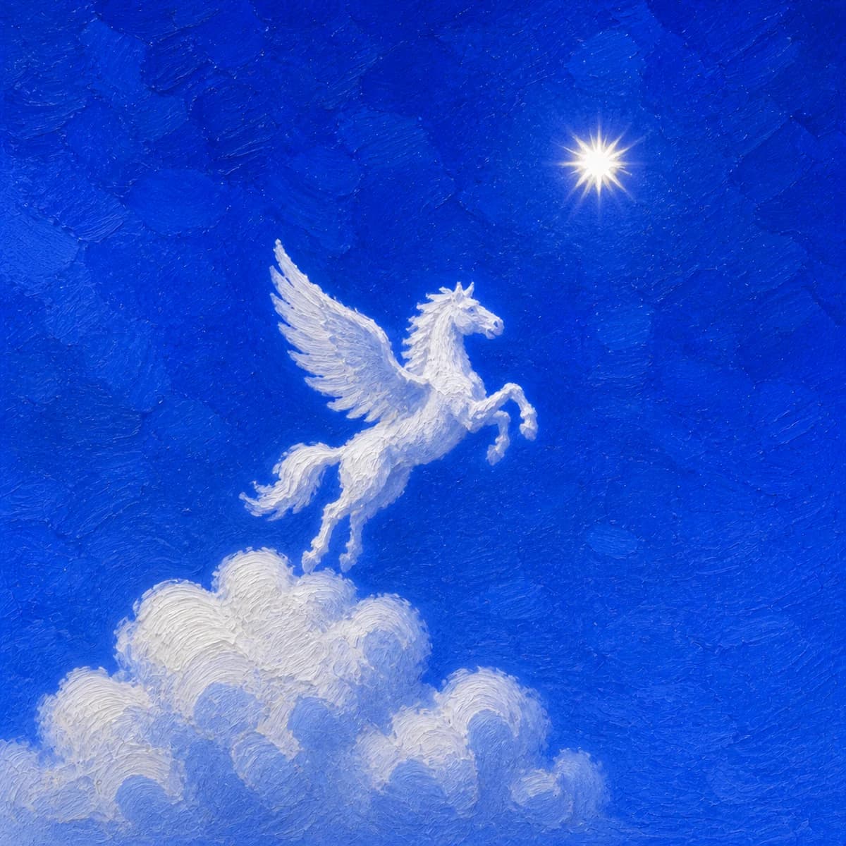 A white Pegasus rising above clouds toward a bright star