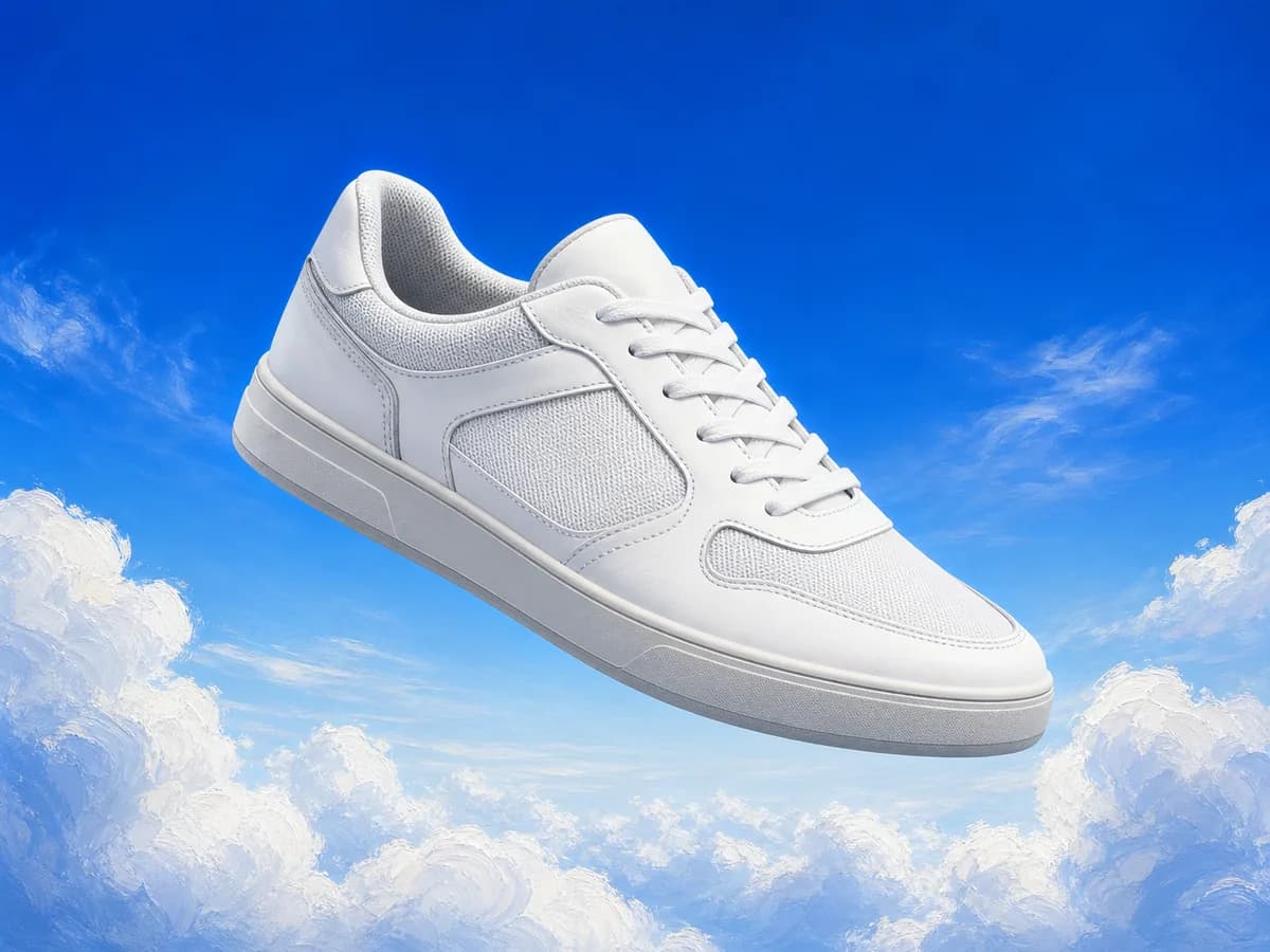 White sneaker floating above blue and white clouds