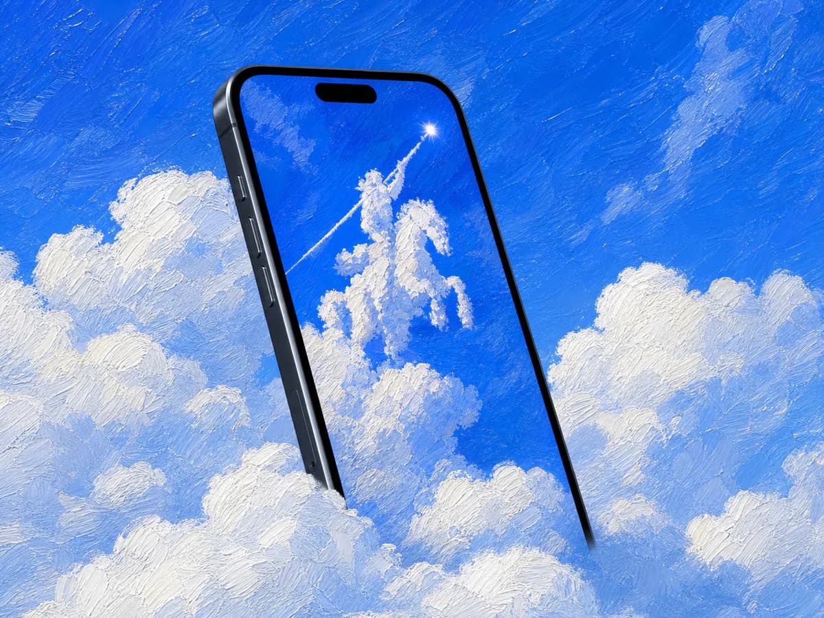 Smartphone displaying blue cloud artwork above soft clouds